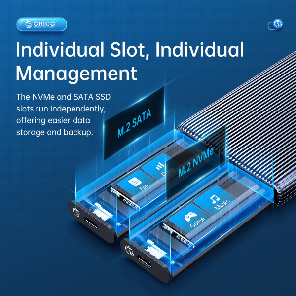 Alternative view of ORICO θήκη για 2x M.2 NVME SSD AM2C3-2N, 10Gbps, tool free, γκρι