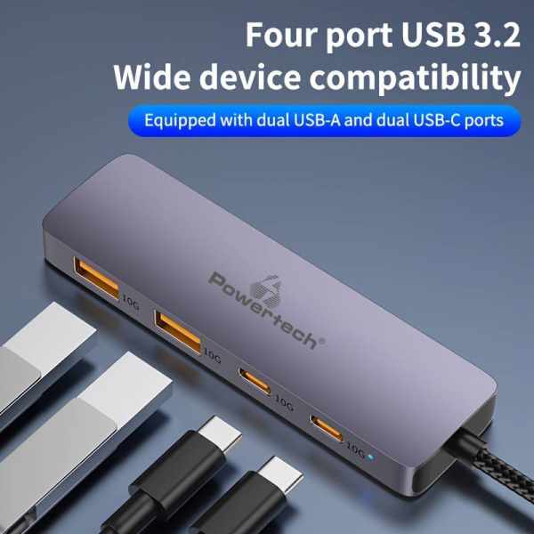 Alternative view of POWERTECH USB hub CAB-UC082, 4x θυρών, 10Gbps, USB-C σύνδεση, γκρι