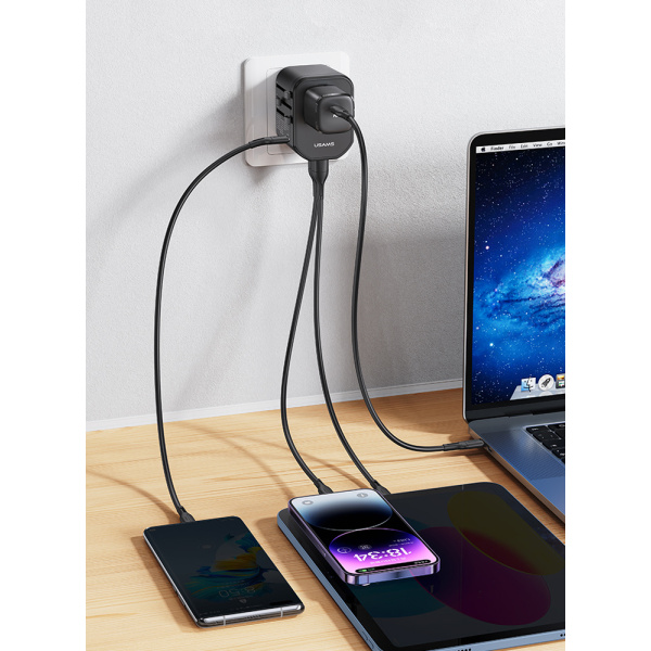 Alternative view of USAMS φορτιστής/αντάπτορας πρίζας US-CC179, USB-C & 2x USB, universal, 20W, μαύρος