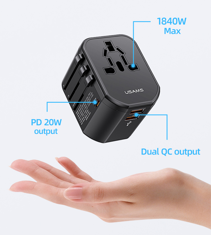 USAMS φορτιστής/αντάπτορας πρίζας US-CC179, USB-C & 2x USB, universal, 20W, μαύρος - Image 4