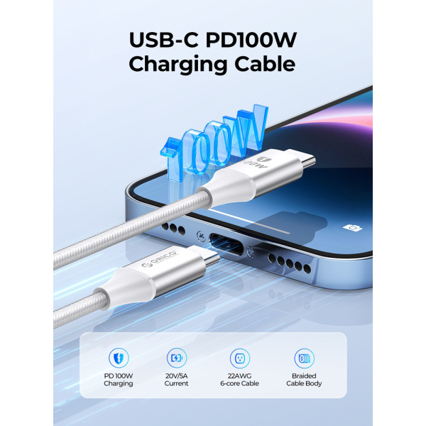 Alternative view of ORICO καλώδιο USB-C CDX-100CC, 100W, 480Mbps, 1m, λευκό
