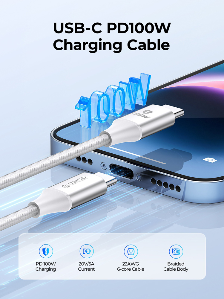 ORICO καλώδιο USB-C CDX-100CC, 100W, 480Mbps, 1m, λευκό - Image 2