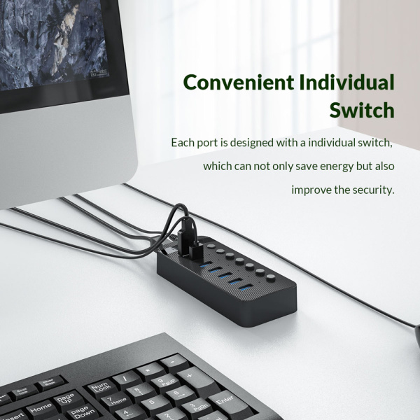 Alternative view of ORICO USB hub CT2U3-7AB με διακόπτες, 7x θυρών, USB 3.0, 5Gbps, USB σύνδεση, μαύρο