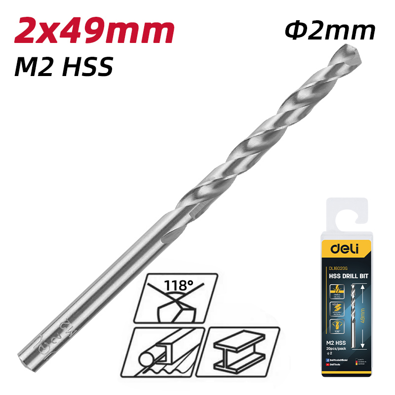 DELI σετ τρυπάνια DL16020G για μέταλλο, M2 HSS, 2x49mm, κυλινδρικό, 20τμχ - Image 2