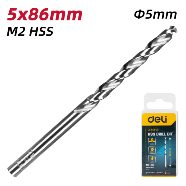 Alternative view of DELI σετ τρυπάνια DL16050G για μέταλλο, M2 HSS, 5x86mm, κυλινδρικό, 10τμχ