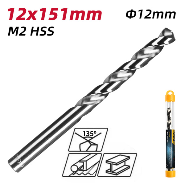 Alternative view of DELI τρυπάνι DL16120G για μέταλλο, M2 HSS, 12x151mm, κυλινδρικό
