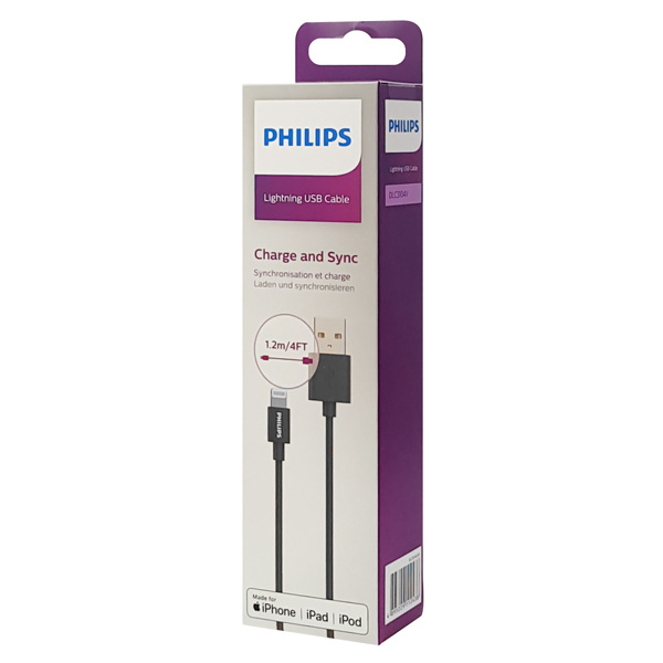 Alternative view of PHILIPS καλώδιο USB σε Lightning  DLC3104V-00, 2.4Α, 1.2m, μαύρο