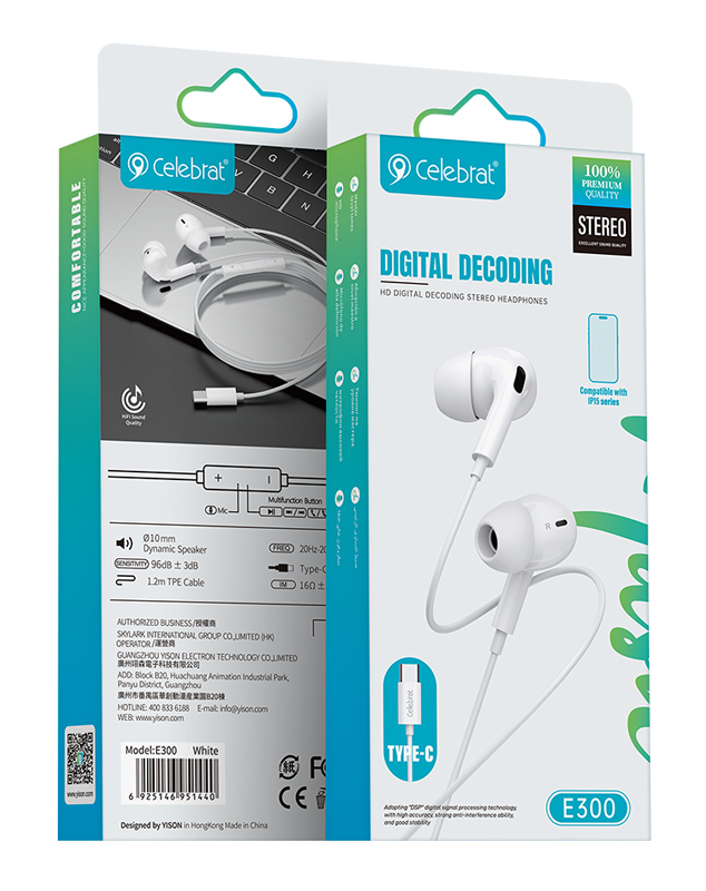 CELEBRAT earphones με μικρόφωνο E300, USB-C σύνδεση, Φ10mm, 1.2m, λευκά - Image 4
