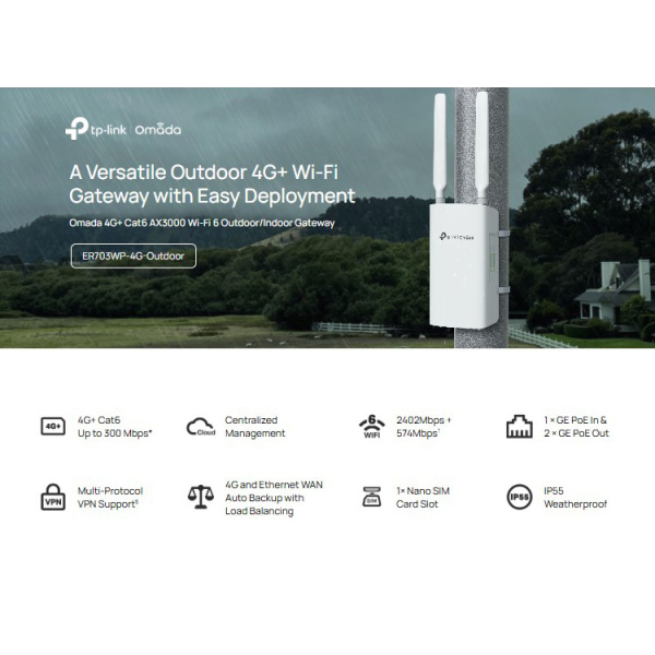 Alternative view of TP-LINK access point ER703WP-4G-Outdoor, WiFi 6, 3000Mbps AX3000, 4G+ Cat6, V1.0