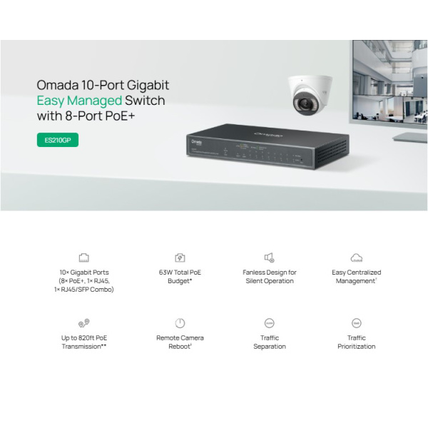 Alternative view of TP-LINK easy managed switch ES210GP, 10x Gigabit θύρες, PoE+, V1.0