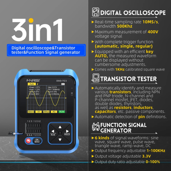 Alternative view of FNIRSI 3 σε 1 παλμογράφος/signal generator/transistor tester χειρός DSO-TC3, επαναφορτιζόμενο