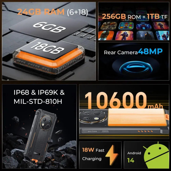 Alternative view of OUKITEL smartphone G1, 6.52", 6/256GB, 10600mAh, IP68/IP69K/MIL-STD-810H, μαύρο