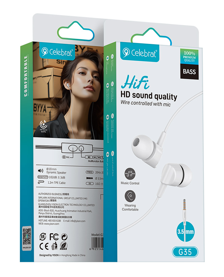 CELEBRAT earphones με μικρόφωνο G35, 3.5mm σύνδεση, 10mm, 1.2m, λευκά - Image 5
