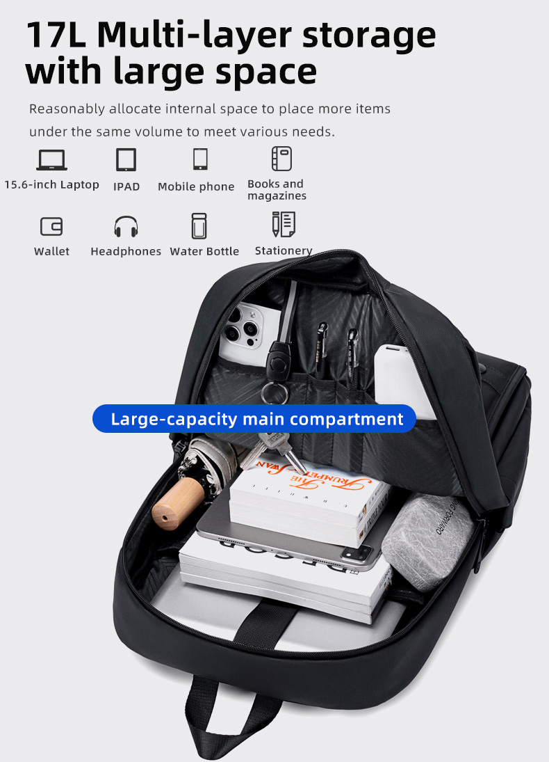 GOLDEN WOLF τσάντα πλάτης GB00705 με θήκη laptop 15.6", 17L, μαύρη - Image 4