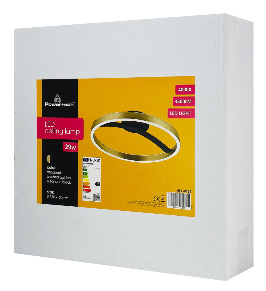 POWERTECH LED φωτιστικό οροφής HLL-0199, 29W, 4000K, Φ38x10cm, χρυσό/μαύρο - Image 6