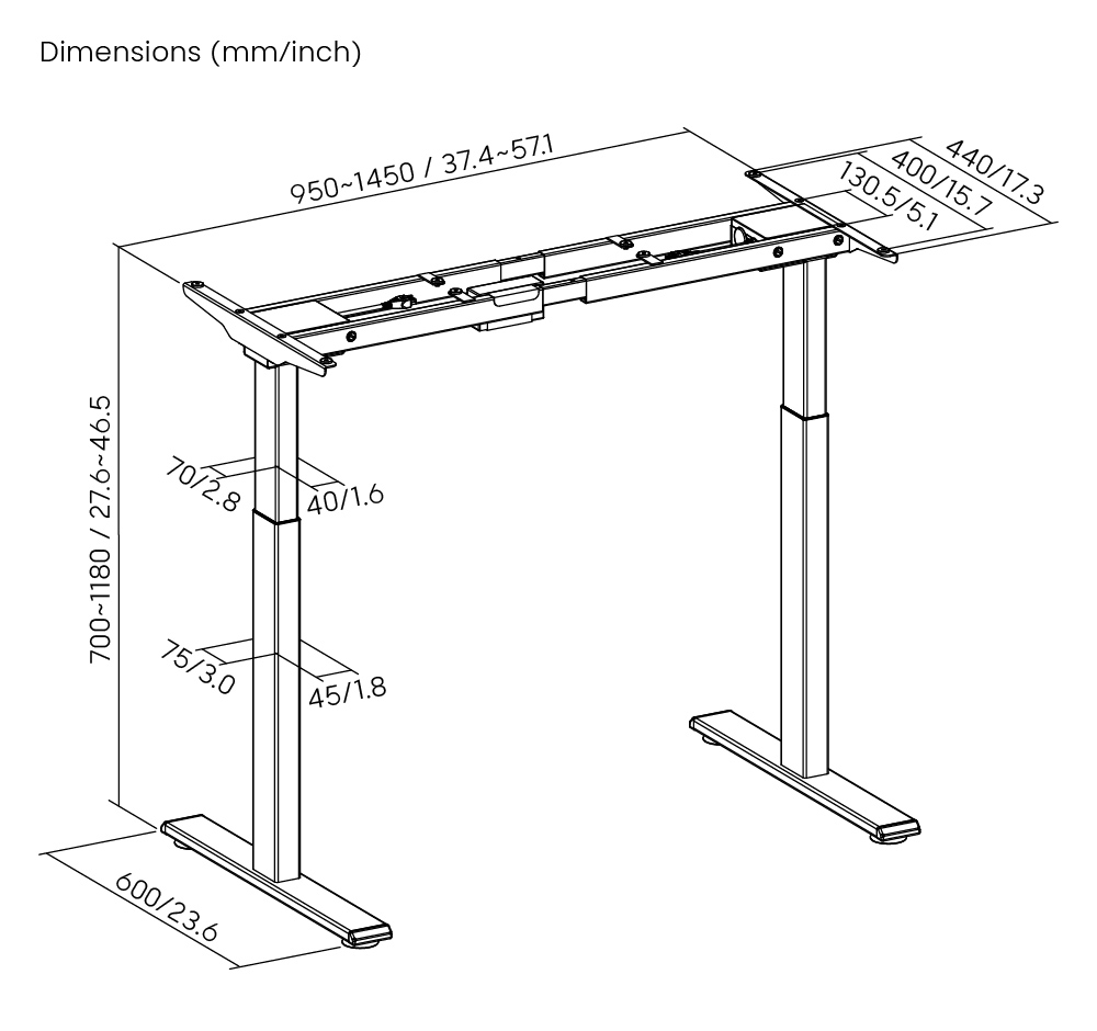 BRATECK σκελετός ηλεκτρικού γραφείου M12-22D, 95~145x60x70~118cm, μαύρο - Image 6