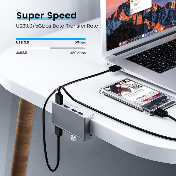 Alternative view of ORICO USB hub MH4PU-P με σφιγκτήρα, 4x θυρών, 5Gbps, USB σύνδεση, ασημί