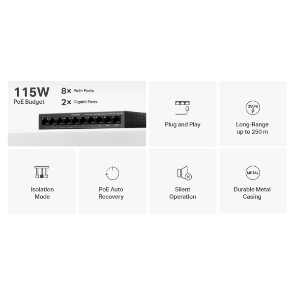 Alternative view of MERCUSYS Desktop Switch MS110CMP, 8x 10/100Mbps PoE+, 2x Gigabit, Ver. 1.0