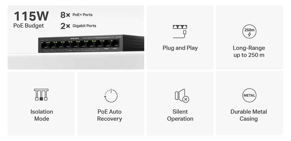 MERCUSYS Desktop Switch MS110CMP, 8x 10/100Mbps PoE+, 2x Gigabit, Ver. 1.0 - Image 2