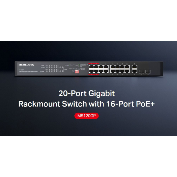 Alternative view of MERCUSYS rackmount switch MS120GP, 20x Gigabit θύρες, PoE+, V1.0
