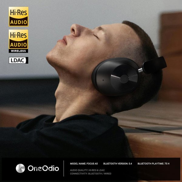 Alternative view of ONEODIO headphones Focus A5, ενσύρματα & ασύρματα, Hybrid ANC, 40mm, 600mAh, μαύρο