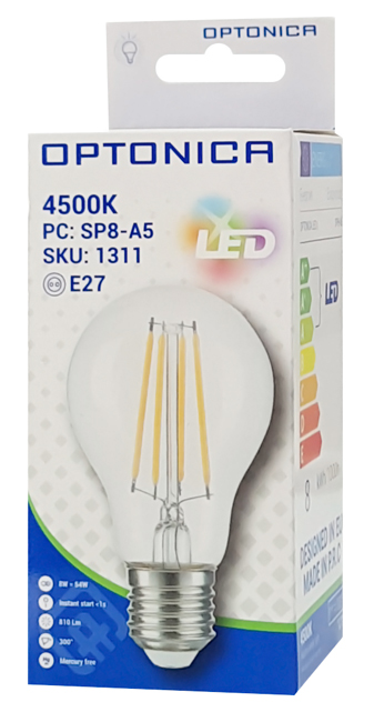 OPTONICA LED λάμπα A60 Filament 1311, 8W, 4500K, E27, 810lm - Image 2