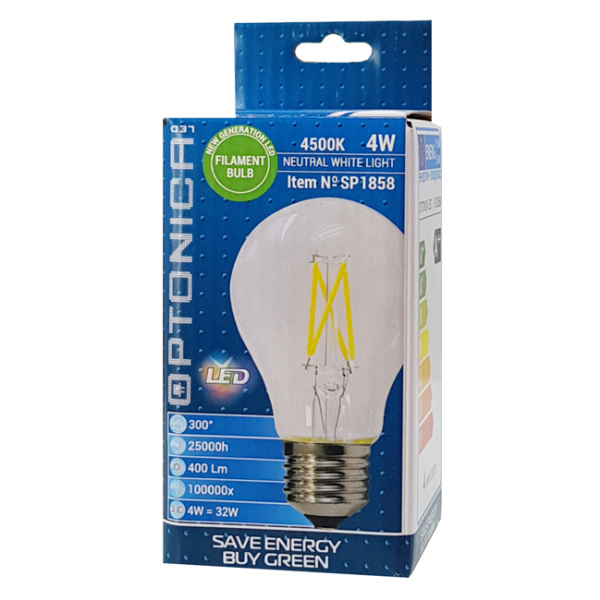 Alternative view of OPTONICA LED λάμπα A60 Filament 1858, 4W, 4500K, E27, 400lm