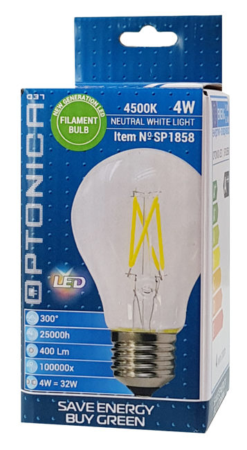 OPTONICA LED λάμπα A60 Filament 1858, 4W, 4500K, E27, 400lm - Image 2
