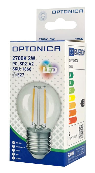 OPTONICA LED λάμπα G45 1866, Filament, 2W, 2700K, 200lm, E27 - Image 3
