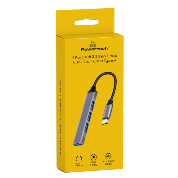 Alternative view of POWERTECH USB hub PT-1113, 4x θυρών, 5Gbps, USB-C σύνδεση, γκρι