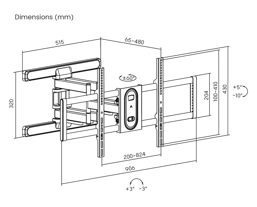 POWERTECH επιτοίχια βάση τηλεόρασης PT-1280, 43-100", έως 60kg, full motion - Image 3