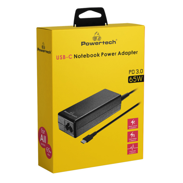 Alternative view of POWERTECH φορτιστής laptop PT-1319, USB-C PD 3.0, universal, 65W, μαύρος