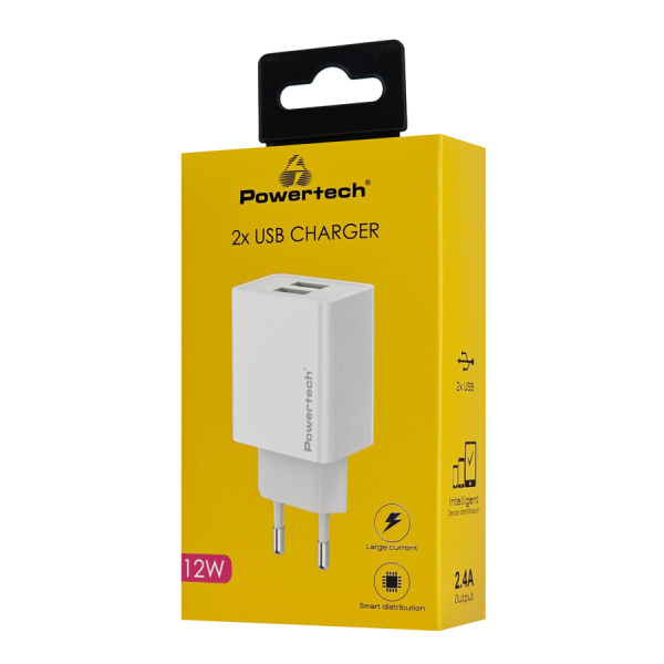 Alternative view of POWERTECH φορτιστής τοίχου PT-1321, 2x USB, 12W, λευκός