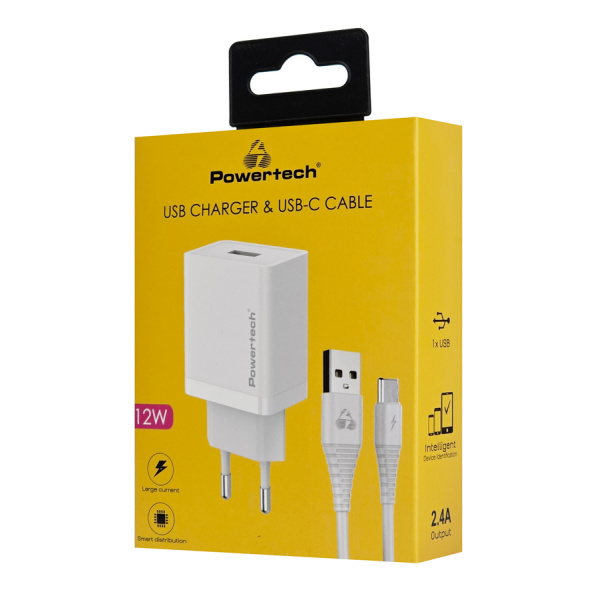 Alternative view of POWERTECH φορτιστής τοίχου PT-1322 με καλώδιο USB-C, USB, 12W, λευκός