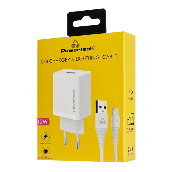 Alternative view of POWERTECH φορτιστής τοίχου PT-1323 με καλώδιο Lightning, USB, 12W, λευκός