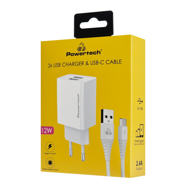 Alternative view of POWERTECH φορτιστής τοίχου PT-1324 με καλώδιο USB-C, 2x USB, 12W, λευκός