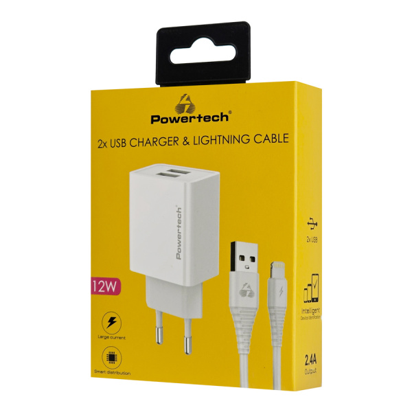 Alternative view of POWERTECH φορτιστής τοίχου PT-1325 με καλώδιο Lightning, 2x USB, 12W, λευκός