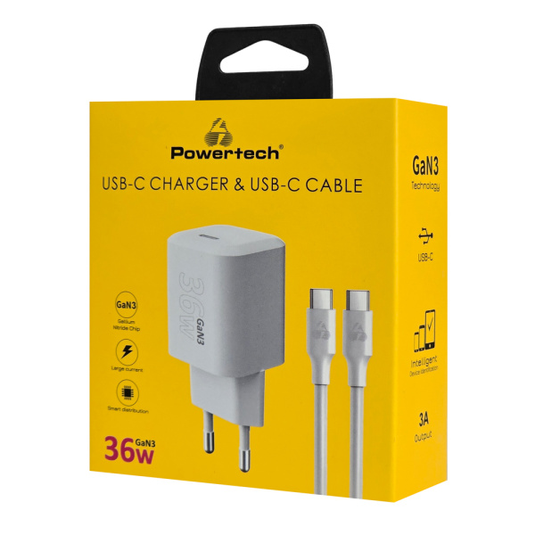 Alternative view of POWERTECH φορτιστής τοίχου PT-1350 με καλώδιο, USB-C, 36W, GaN, λευκός