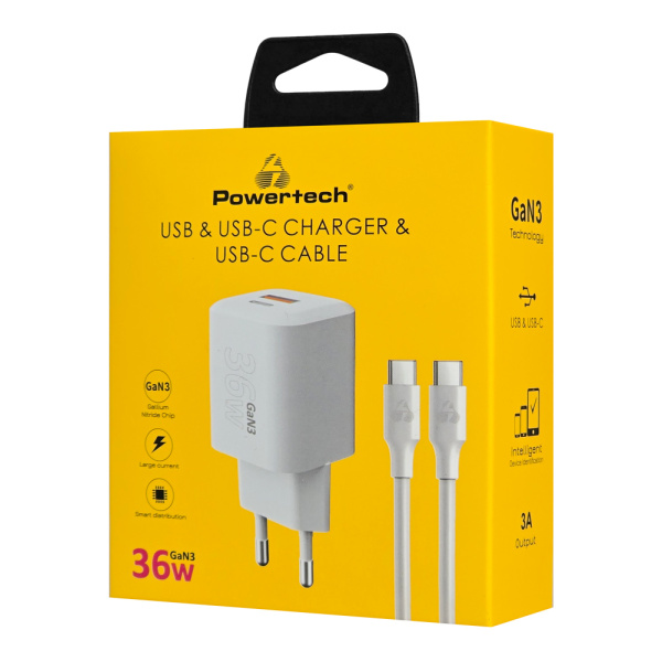 Alternative view of POWERTECH φορτιστής τοίχου PT-1351 με καλώδιο, USB/USB-C, 36W, GaN, λευκός