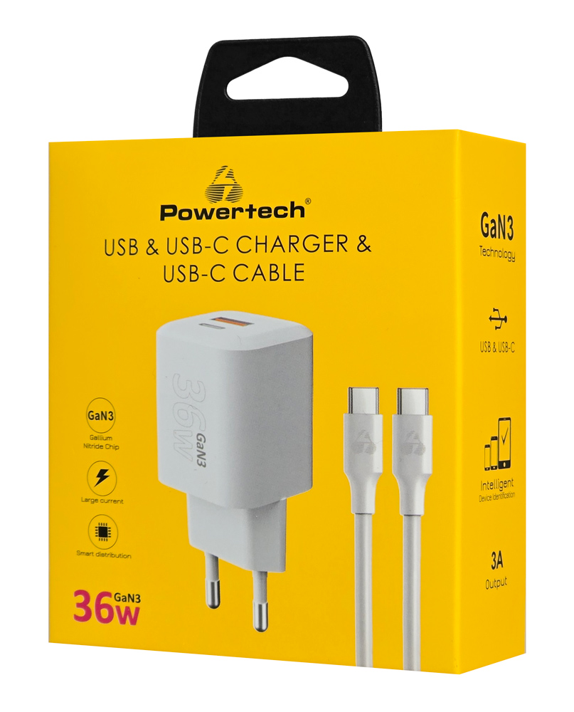 POWERTECH φορτιστής τοίχου PT-1351 με καλώδιο, USB/USB-C, 36W, GaN, λευκός - Image 2