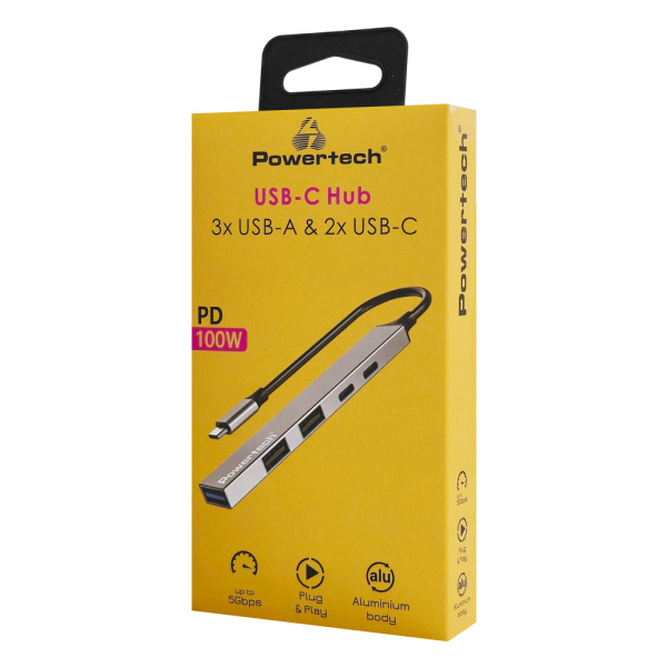 Alternative view of POWERTECH USB hub PT-1414, 5x θυρών, USB 3.2, 5Gbps, 100W, USB-C σύνδεση, γκρι