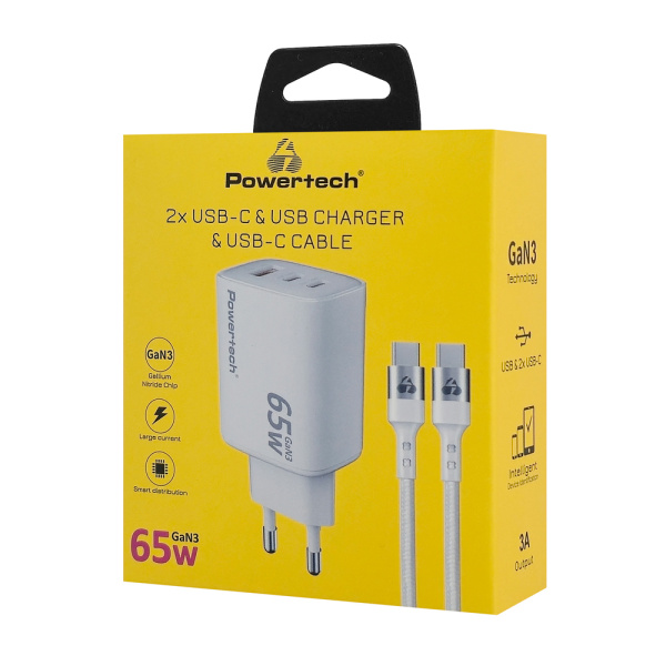 Alternative view of POWERTECH φορτιστής τοίχου PT-1415 με καλώδιο, USB/2x USB-C, 65W, GaN, λευκός