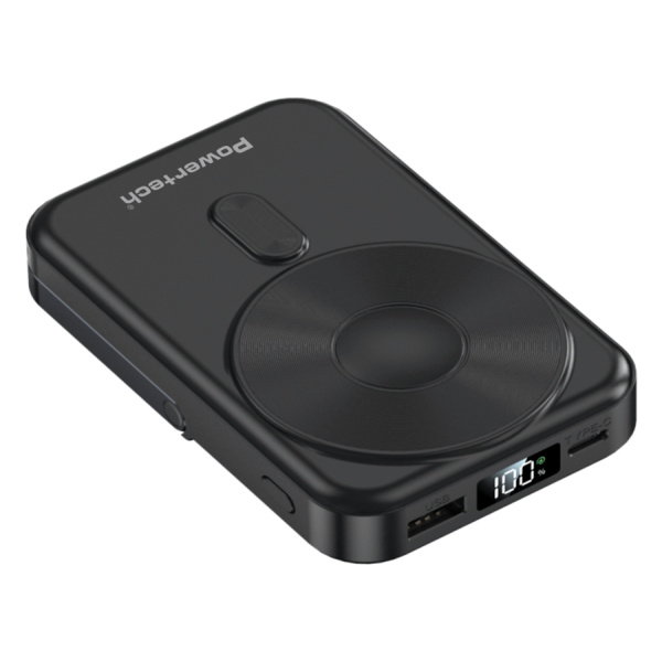 POWERTECH power bank με οθόνη PT-1416, 10000mah, magnetic wireless, 22.5W, μαύρο