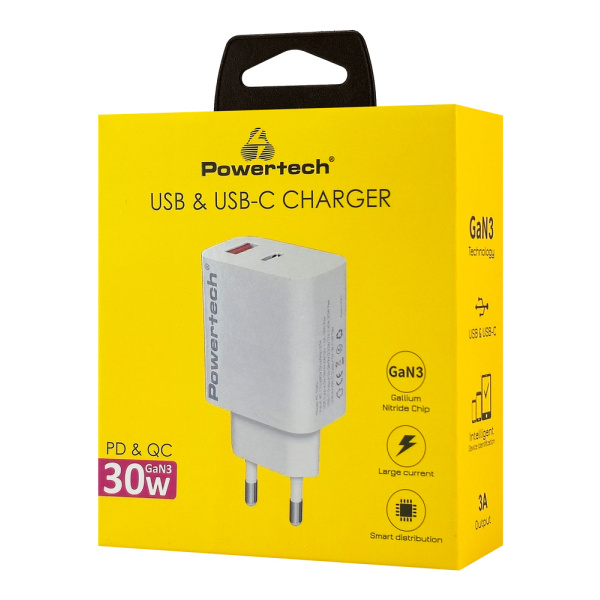 Alternative view of POWERTECH φορτιστής τοίχου PT-1433, USB/USB-C, 30W, GaN, λευκός