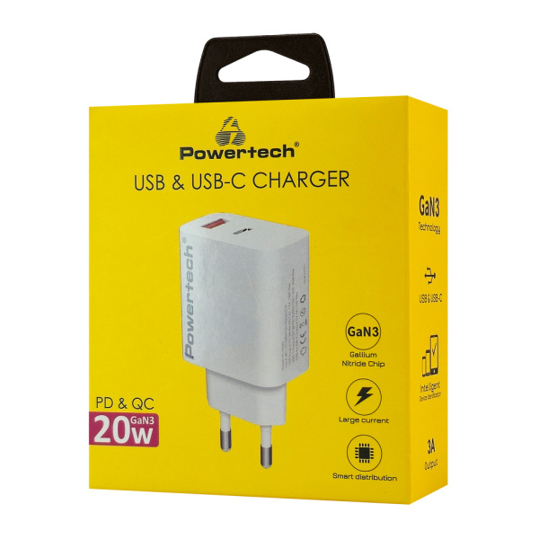 Alternative view of POWERTECH φορτιστής τοίχου PT-1437, USB/USB-C, 20W, GaN, λευκός