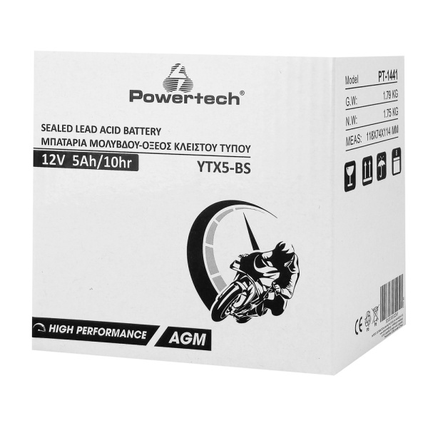Alternative view of POWERTECH μπαταρία μολύβδου μοτοσυκλέτας PT-1441, 12V 5Ah, AGM, YTX5-BS