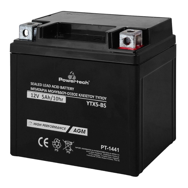 POWERTECH μπαταρία μολύβδου μοτοσυκλέτας PT-1441, 12V 5Ah, AGM, YTX5-BS