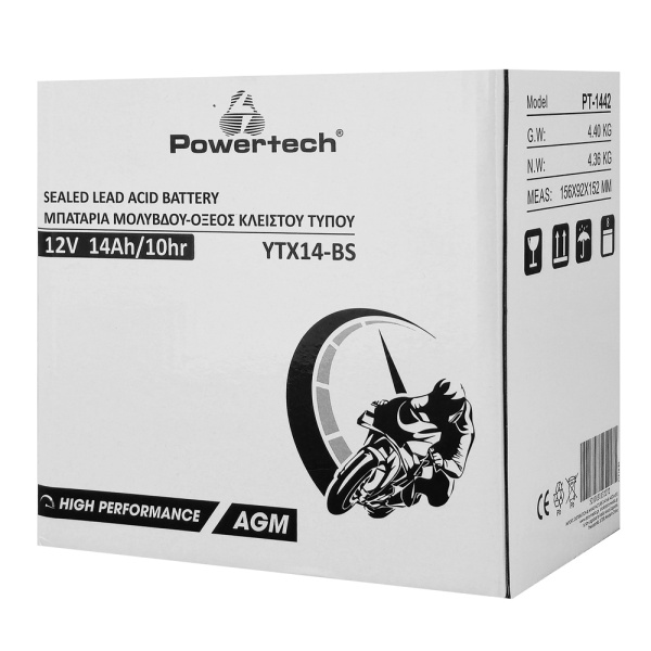 Alternative view of POWERTECH μπαταρία μολύβδου μοτοσυκλέτας PT-1442, 12V 14Ah, AGM, YTX14-BS