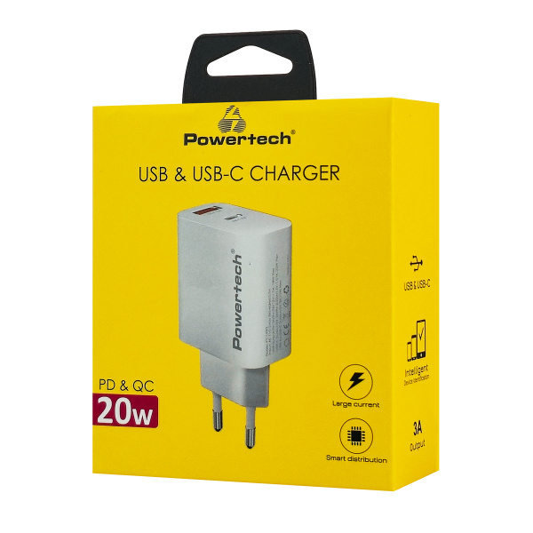Alternative view of POWERTECH φορτιστής τοίχου PT-1493, USB/USB-C, 20W, λευκός