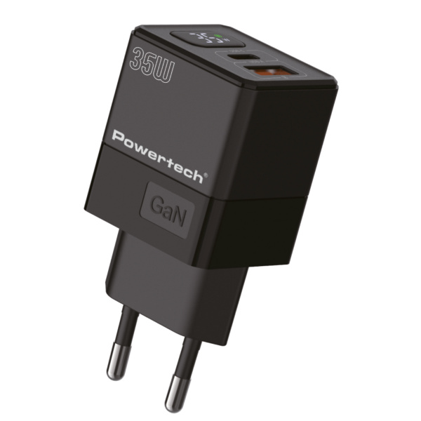 Alternative view of POWERTECH φορτιστής τοίχου PT-1499 με οθόνη, USB/USB-C, 35W, GaN, μαύρος